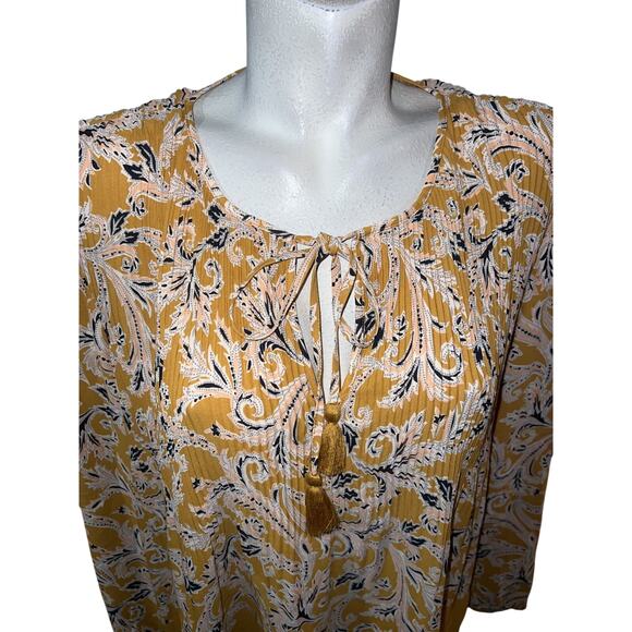 DR2 Top Size L Yellow Floral Accordion Pleats Long Sleeve Lightweight Blouse - Picture 2 of 11